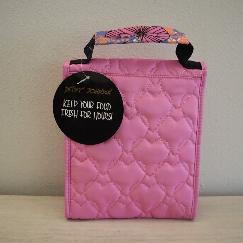 Betsey Johnson TBJ-1299 Pink Embroidered Hearts N/S Flap Lunch Tote Bag - Picture 2 of 8